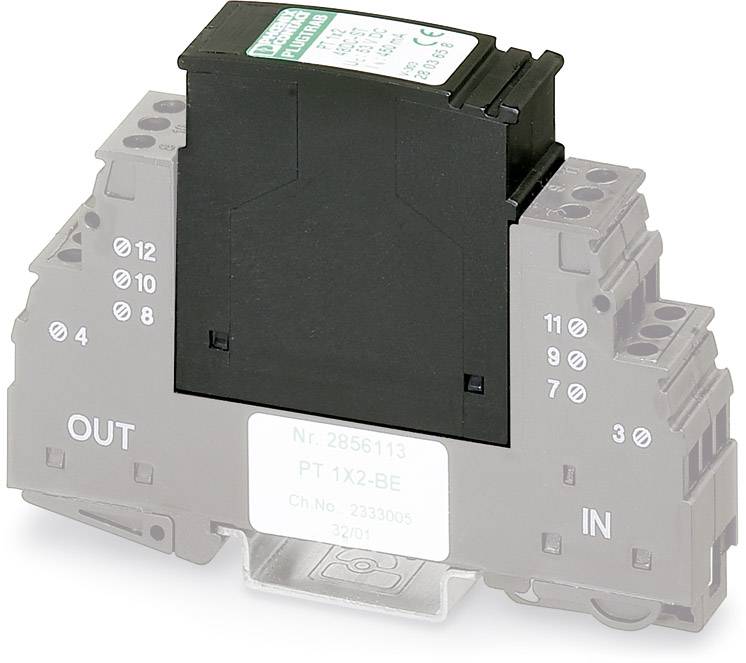 Urządzenie ochrony przeciwprzepięciowej do montażu na szynie DIN, oznaczone napisami 'OUT' i 'IN'. Czarna górna część na szarej podstawie.