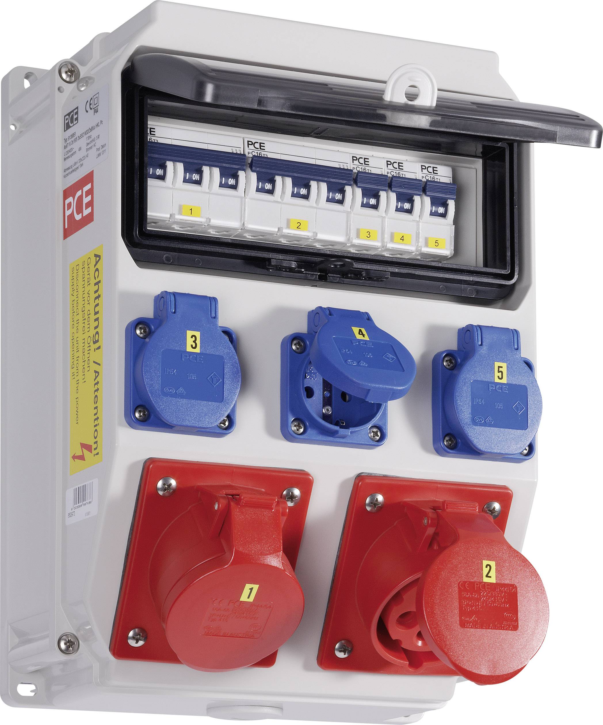 'Kombinowany rozdzielnik elektryczny z wieloma niebieskimi i czerwonymi gniazdkami, oznaczonymi numerami od 1 do 5.'