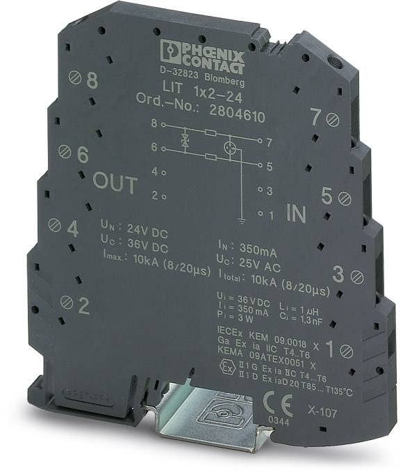 Elektroniczne urządzenie firmy Phoenix Contact, w kolorze czarnym, opisane szczegółami technicznymi, posiada oznaczenia wejść i wyjść.