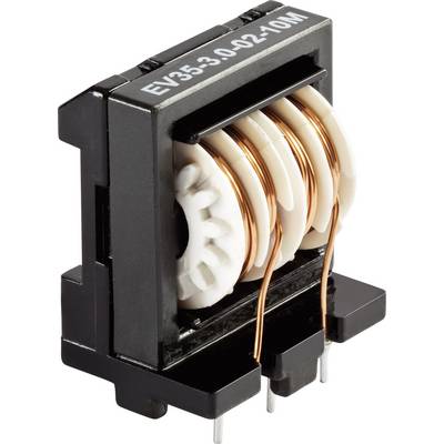 Prostokątna elektryczna cewka indukcyjna z czterema uzwojeniami miedzianego drutu jest zamontowana na czarnym tworzywie sztucznym.