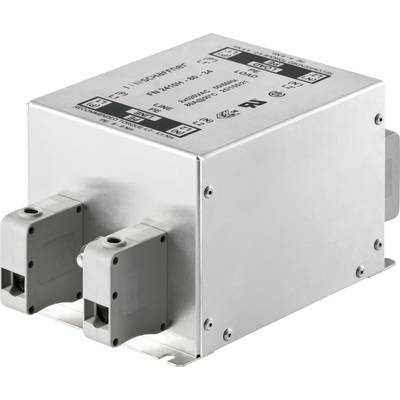 Prostokątne metalowe pudełko filtra przeciwzakłóceniowego, oznaczone specyfikacjami technicznymi i certyfikatami bezpieczeństwa.