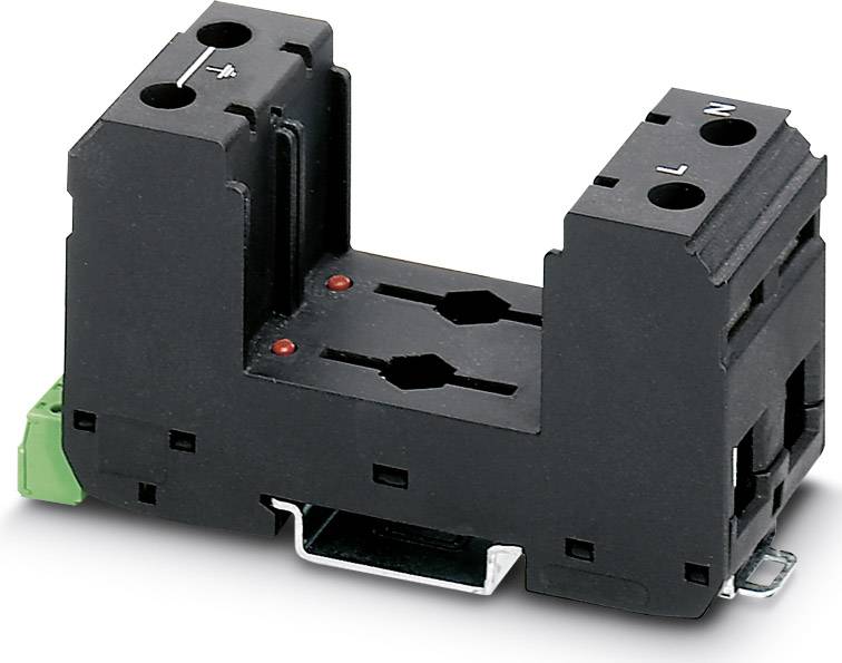 Czarny moduł przekaźnikowy z gniazdami do połączeń elektrycznych, strzałka wskazuje kierunek przepływu prądu, widoczne dwie czerwone oznaczenia.