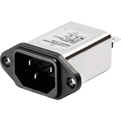 Prostokątna wtyczka filtru EMC, czarna w obramowaniu, wykonana z metalu i tworzywa sztucznego, z gniazdem trójbiegunowym, przeznaczona do redukcji zakłóceń.