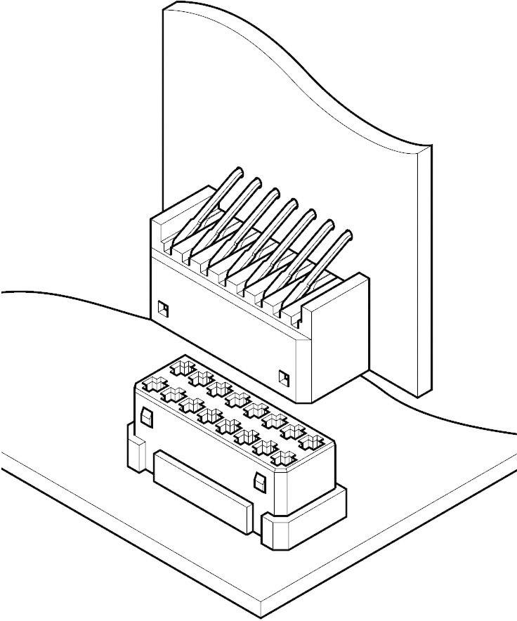 Rysunek złącza elektrycznego składającego się z dwóch prostokątnych elementów przeznaczonych do połączeń mechanicznych i elektrycznych.