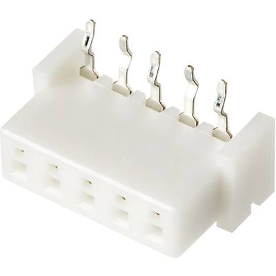 Biały złącze z pięcioma metalowymi pinami, odpowiednie do połączeń elektronicznych w urządzeniach lub obwodach.