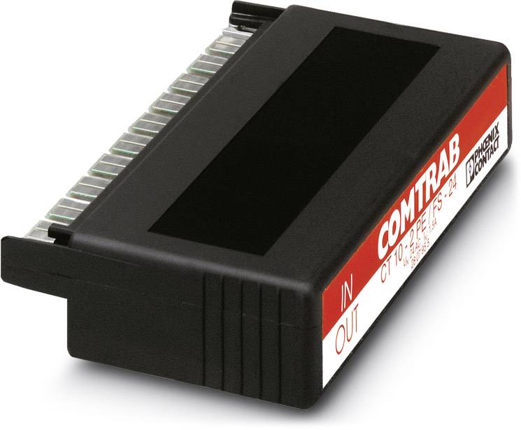 Czarna komponenta ochrony przeciwprzepięciowej COMTRAB z czerwonymi i białymi etykietami. Zawiera oznaczenia wejścia i wyjścia.