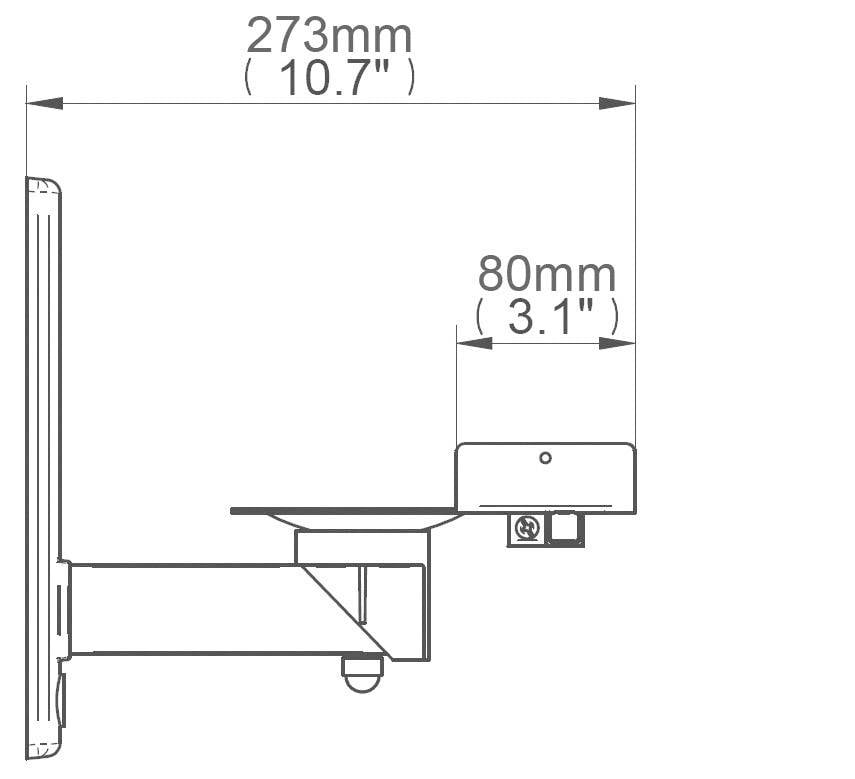 Widok z boku ramienia monitora z wymiarami: długość 273 mm (10,7 cala), wysokość 80 mm (3,1 cala).
