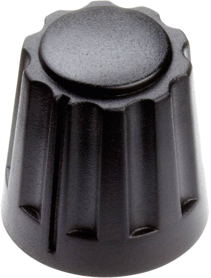 Czarny, żebrowany pokrętło obrotowe, najczęściej używane do obsługi urządzeń elektronicznych, nie posiada żadnych skal lub oznaczeń.