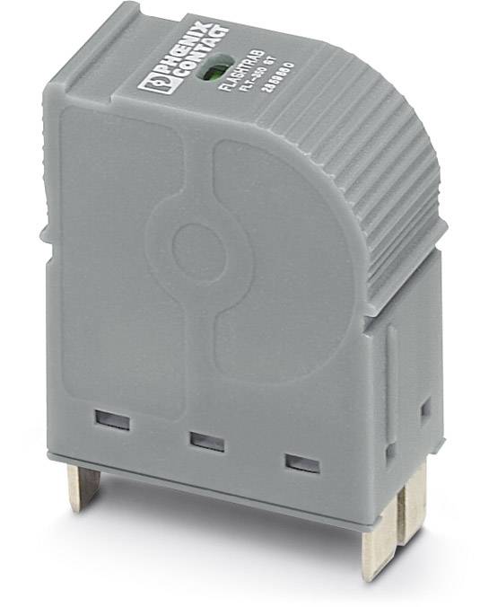 Szary element elektroniczny z nadrukiem 'Phoenix Contact'. Posiada dwa dolne piny przyłączeniowe i jest wygięty u góry.