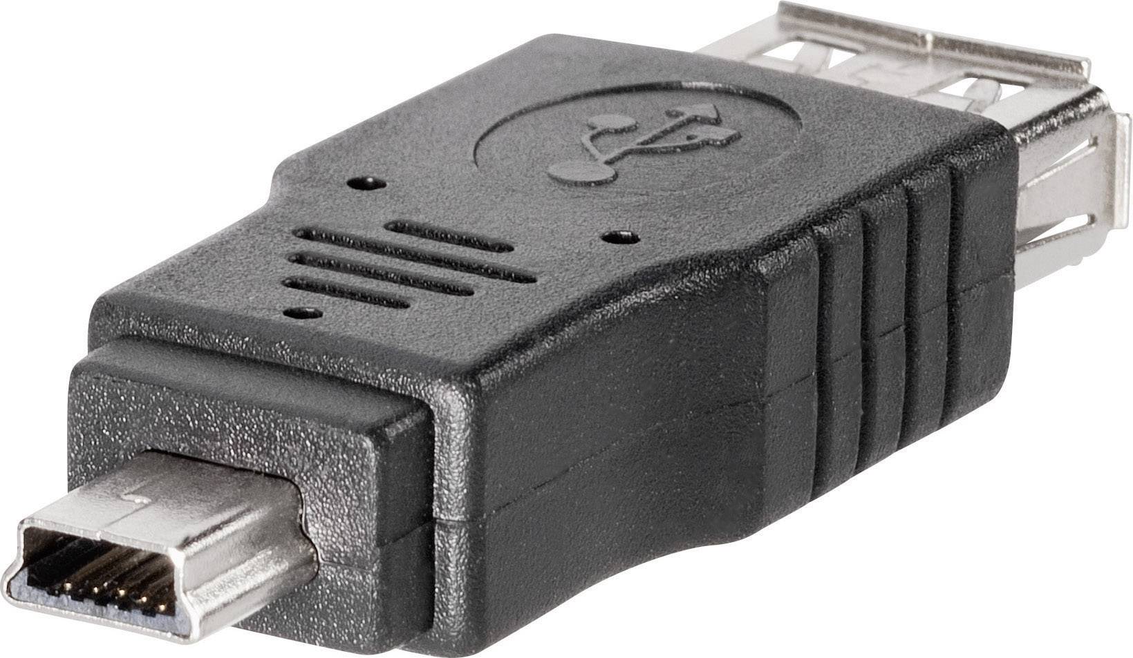 Czarny adapter z wtyczką mini-USB z jednym złączem USB po jednej stronie i złączem mini-USB po drugiej stronie.
