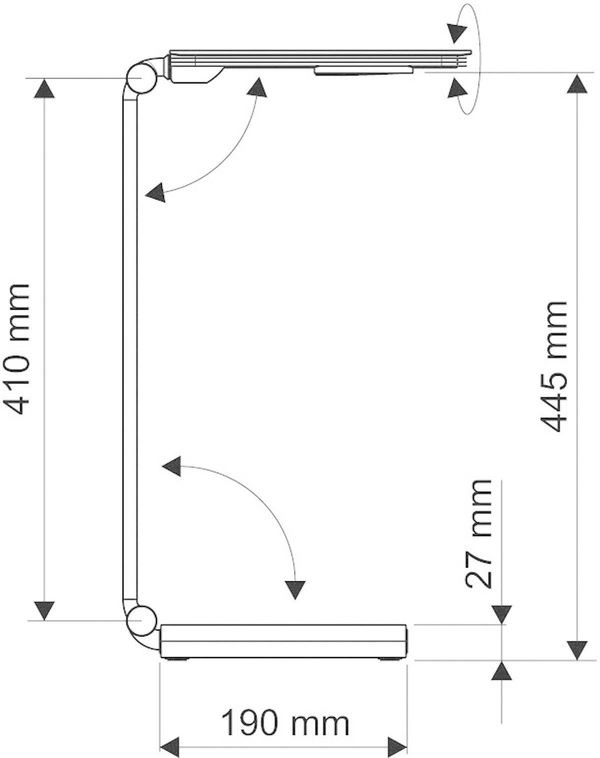 Rysunek techniczny lampy z wymiarami: wysokość 410 mm, szerokość 190 mm, całkowita wysokość 445 mm oraz głębokość podstawy 27 mm.