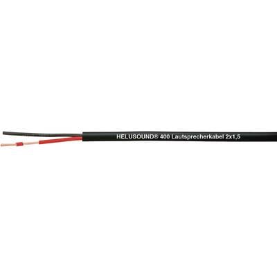 Czarny kabel głośnikowy z białym napisem 'HELIOSOUND: 100 Kabel głośnikowy 2x1.5'. Widoczny jest czerwony i czarny przewód wewnętrzny.