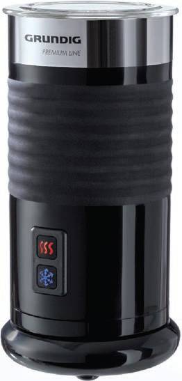 Czajnik do mleka Grundig w kolorze czarnym, cylindryczny, z przyciskami do przygotowywania gorących i zimnych napojów, z izolowaną rączką.