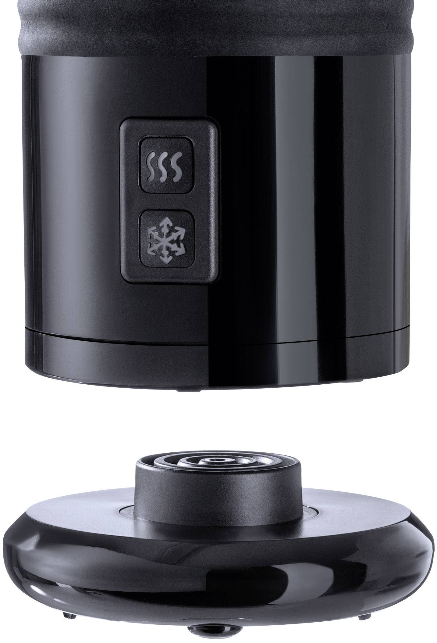 Czarny elektryczny czajnik z dwoma przyciskami, jeden do podgrzewania i jeden do chłodzenia, umieszczony na stacji bazowej.