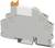 Szary przekaźnik do montażu na szynie DIN z pomarańczowymi zatrzaskami. Stosowany głównie w obwodach elektronicznych i systemach automatyki.