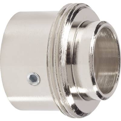Metalowy adapter o kształcie cylindrycznym, gładkiej powierzchni i śrubie mocującej z boku.