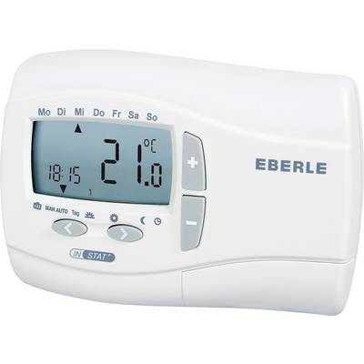 Biały termostat z wyświetlaczem cyfrowym pokazuje '21°C'. Przyciski do regulacji temperatury (+/-) znajdują się po prawej stronie. Nazwa marki 'EBERLE'.