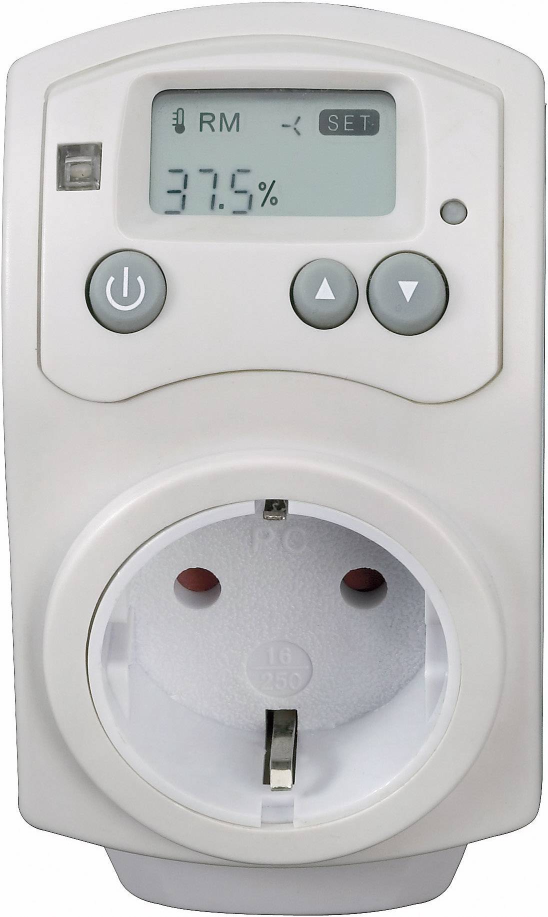 Cyfrowy miernik kosztów energii wyświetla '37,5%' na wyświetlaczu LCD. Poniżej widoczne są trzy przyciski i gniazdo elektryczne.