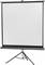 Ekran na trójnożnym statywie, gotowy do projekcji, na przykład podczas prezentacji lub szkoleń.