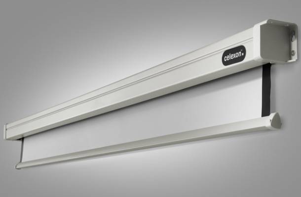 Elektryczny ekran projekcyjny w szaroosiowej obudowie z białą powierzchnią projekcyjną. Logo marki widoczne po lewej stronie obudowy.