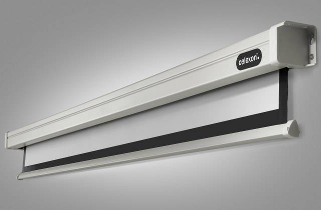 Ekran na płótnie w obudowie metalowej, częściowo rozłożony, z logo 'celexon'.