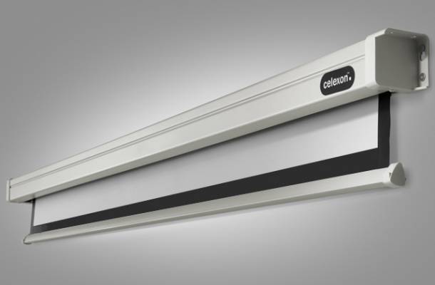 Elektryczna rolka ekranu w szarym obudowie, z czarną krawędzią u dołu.