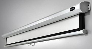 Elektryczny ekran projekcyjny w białej obudowie, częściowo rozwinięty, przeznaczony do montażu na ścianie lub suficie, przede wszystkim do prezentacji.