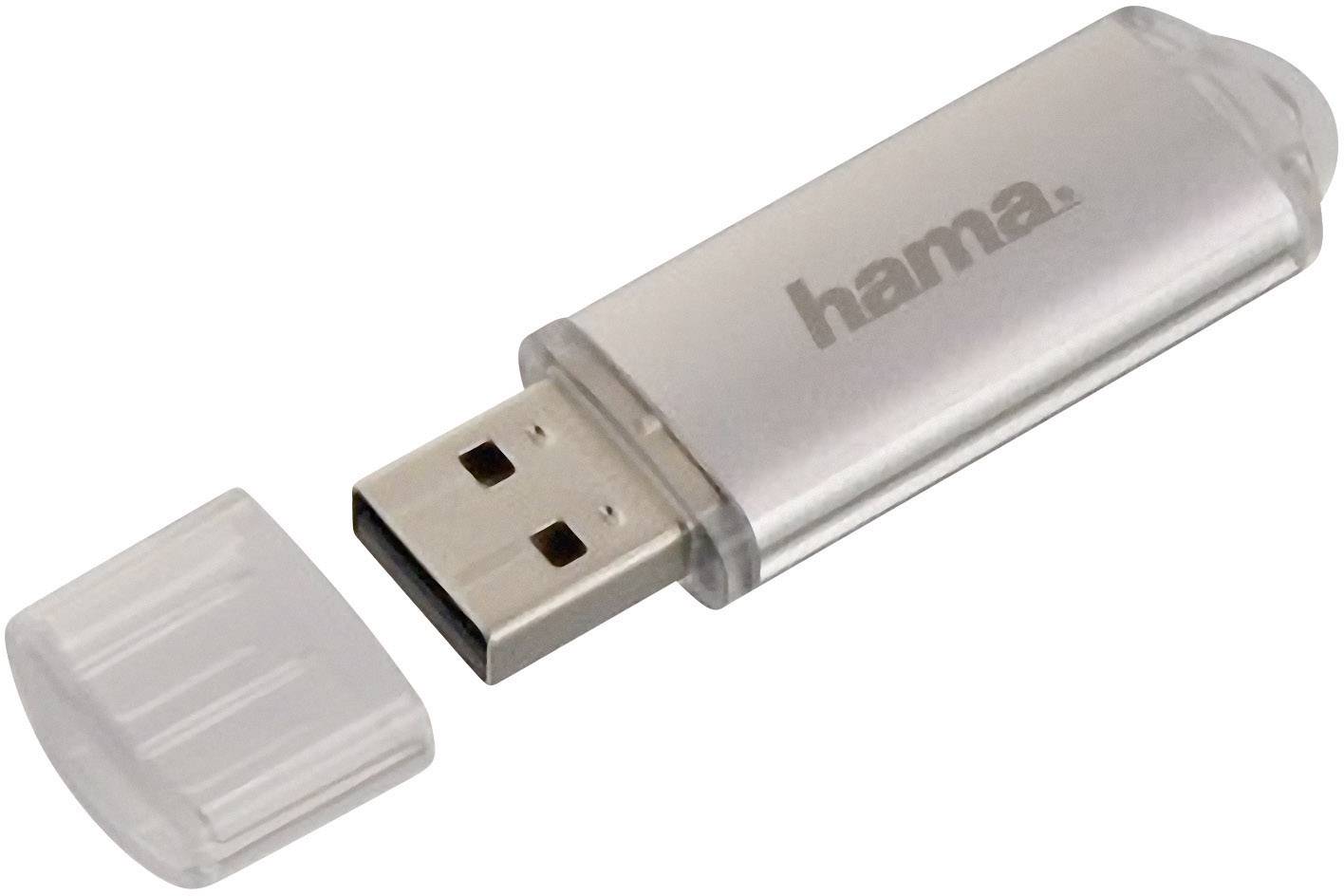 Srebrny pendrive marki 'hama' z odkręconą nasadką, na białym tle.