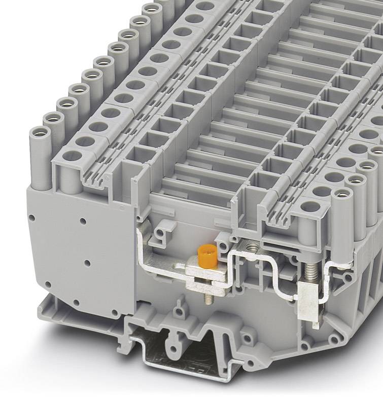 Elektryczna złączka przyłączeniowa z wielokrotnym gniazdem, obudowa w kolorze szarym, z pomarańczową dźwignią do mocowania przewodu.