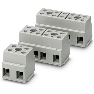 Trzy szare zaciski elektryczne o różnych rozmiarach, ułożone obok siebie, każdy z wieloma otworami przyłączeniowymi u góry.