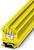 Żółta listwa zaciskowa z zaciskiem śrubowym, stosowana do łączenia przewodów elektrycznych na szynie DIN, używana w zastosowaniach przemysłowych.