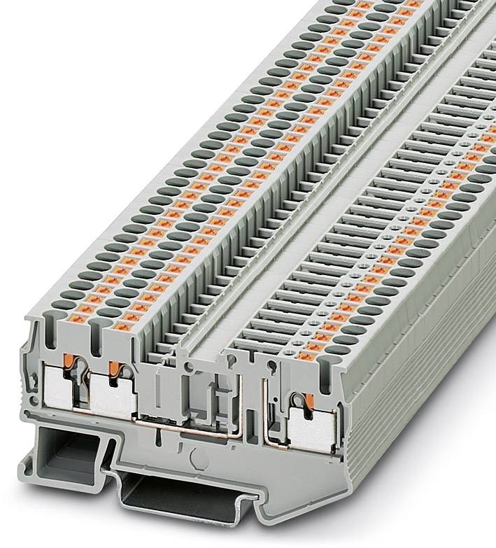 Szary blok zacisków szeregowych prezentuje podłączenia na wielu poziomach, co jest charakterystyczne dla instalacji przemysłowych i zabudowy rozdzielnic elektrycznych.