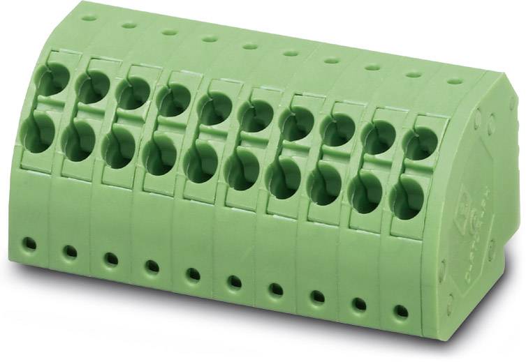 Zielony, wielobiegunowy blok złącza z wieloma punktami przyłączeniowymi, powszechnie stosowany w elektronice do połączeń na płytkach drukowanych.
