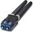 Czarny wtyk LC-Duplex z niebieskimi złączami i metalowymi końcówkami, stosowany do połączeń światłowodowych.