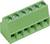 Zielony, sześciobiegunowy blok zaciskowy do płytek drukowanych, widziany z góry, z metalowymi zaciskami śrubowymi.