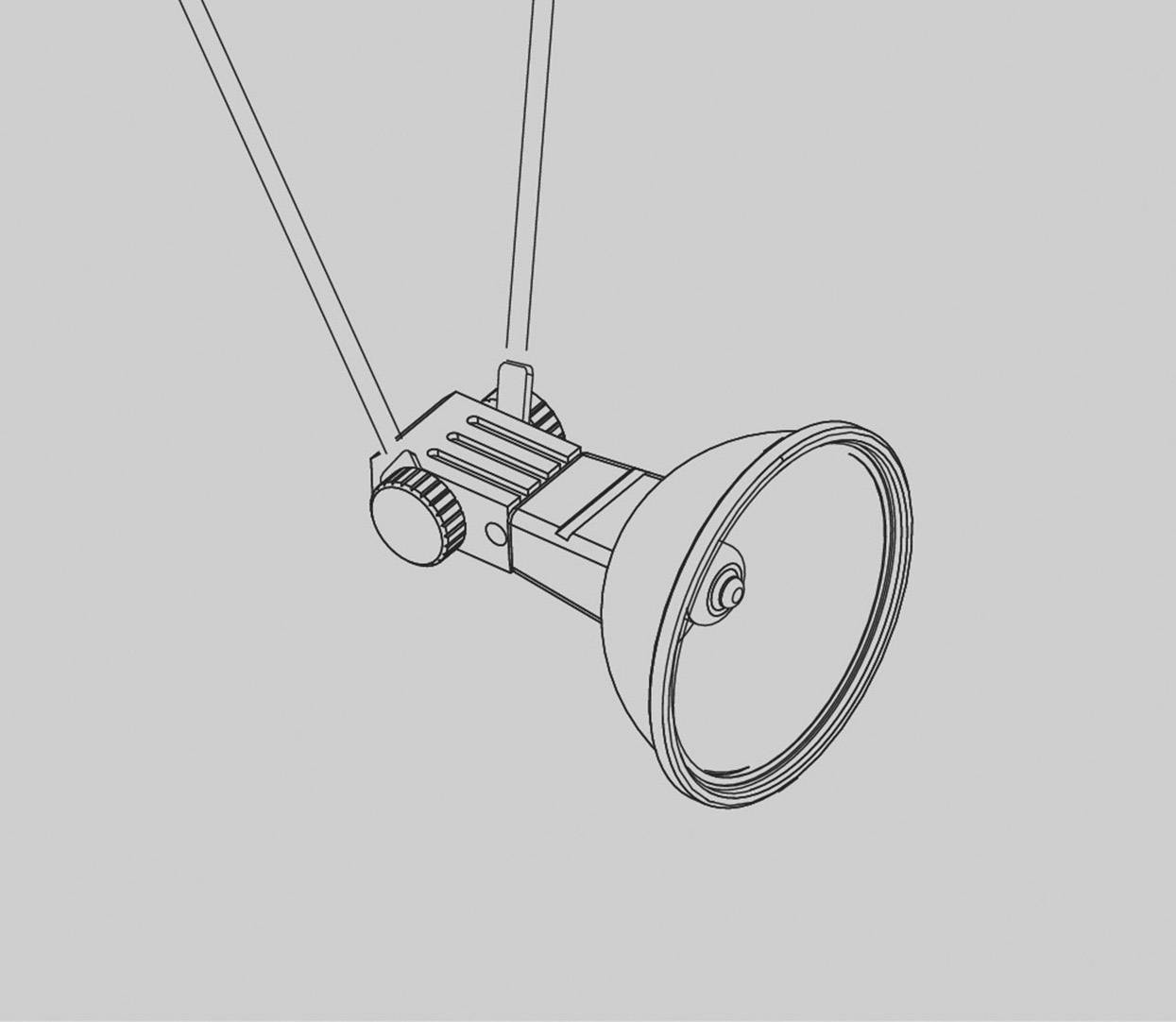 Rysunek liniowy lampy sufitowej z okrągłym kloszem i mechanizmem obrotowym, zawieszonej na dwóch przewodach, w nowoczesnym stylu.