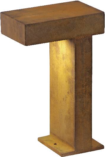 Solidna, rdza-barwna metalowa lampa w kształcie litery T, świecąca od wewnątrz. Idealna jako oświetlenie akcentujące w stylu industrialnym.