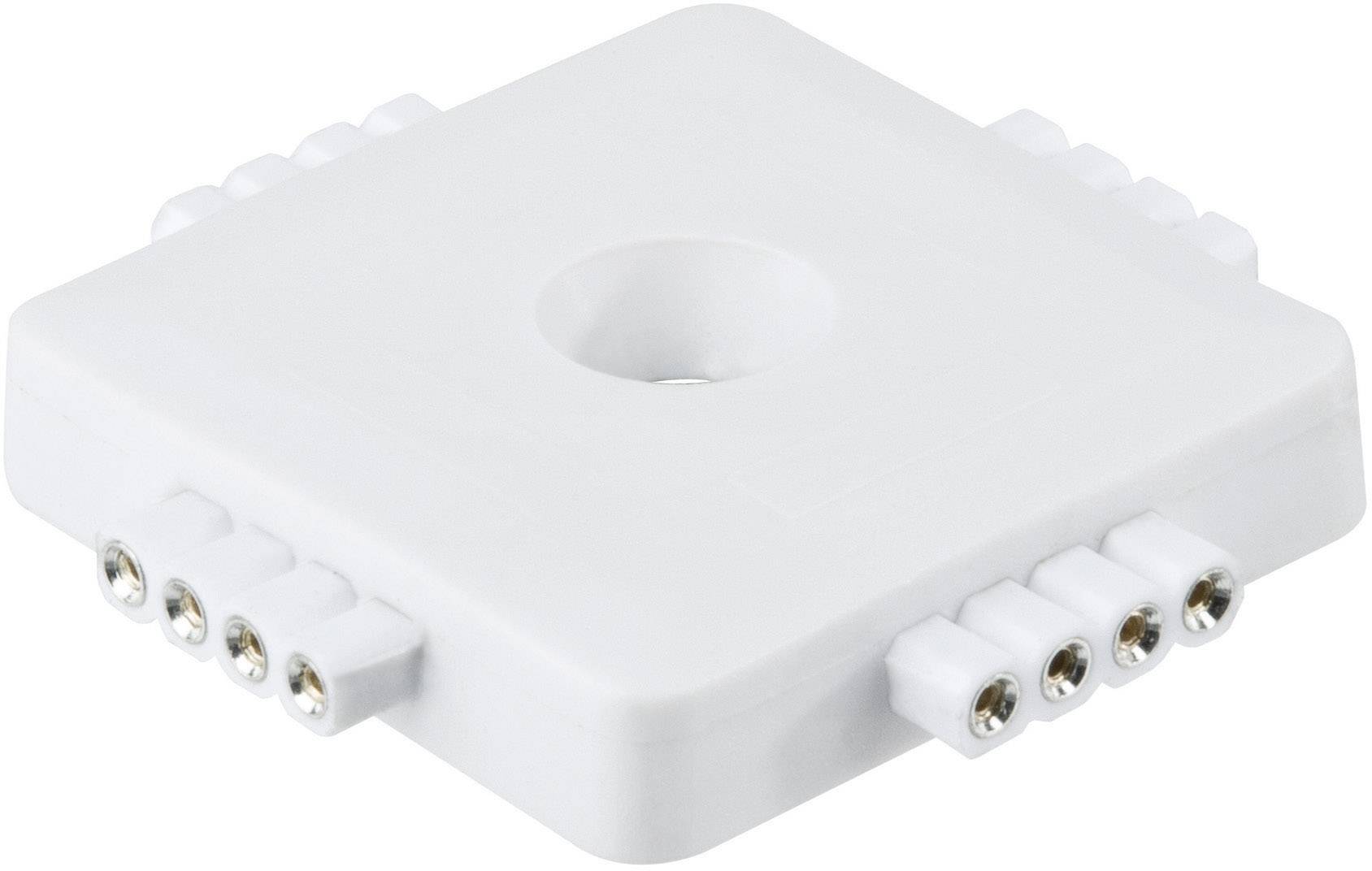 Biały, kwadratowy łącznik z wieloma możliwościami podłączenia po bokach. Idealny do połączeń elektrycznych.