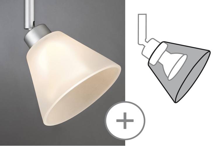 Klosz lampy w kolorze kremowym obok schematycznego rysunku tego samego. Symbol '+' wskazuje na dodanie lub wybór.