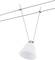 Biała lampa wisząca zamocowana na systemie linowym, idealna do nowoczesnych wnętrz.
