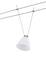 Nowoczesna lampa wisząca z białego szkła, zawieszona na srebrnej stalowej lince, na białym tle.