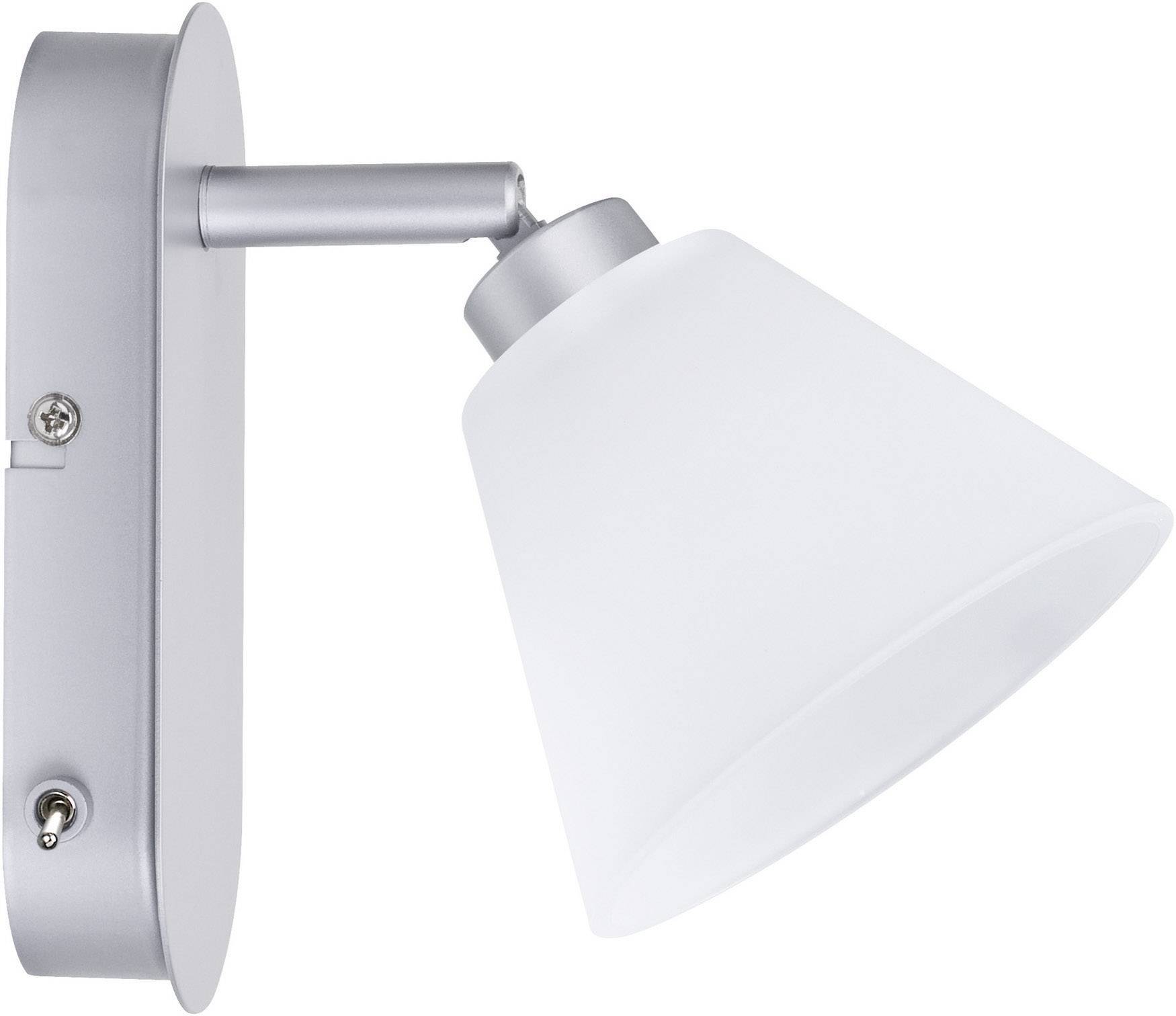Srebrna lampa ścienna z białym, stożkowatym kloszem, odpowiednia do oświetlenia wnętrz.