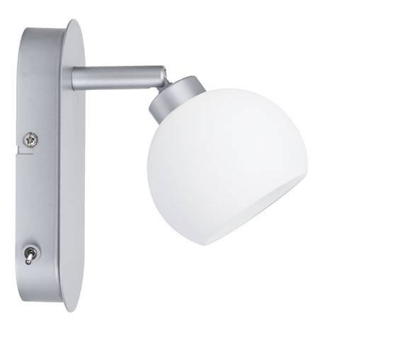 Kinkiet metalowy z okrągłym, białym kloszem. Włącznik z boku. Nowoczesny design, idealny do wnętrz.