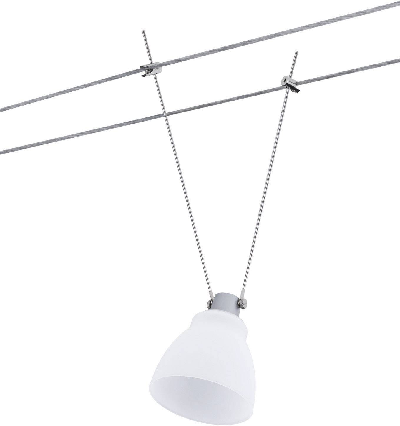 Nowoczesny system linowy z pojedynczą białą lampą wiszącą zawieszoną na dwóch metalowych linach.