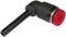 Czarny kątowy złącz 90-stopniowy z czerwonym zakończeniem. Odpowiedni do połączeń rur lub węży w zastosowaniach technicznych.