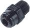 Czarny adapter wtykowy z gwintem zewnętrznym. Używany do łączenia rur lub przewodów w instalacjach.