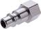 Srebrny adapter metalowy z sześciokątną nakrętką i cylindrycznym złączem. Odpowiedni do systemów pneumatycznych lub hydraulicznych.