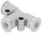 Szary, trójdrożny element łączący w kształcie litery T, przeznaczony do łączenia przewodów lub rur w kontekście technicznym lub przemysłowym.