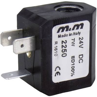 Czarna elektryczna cewka z trzema metalowymi przyłączami z etykietą 'Made in Italy, 24V DC, 7W, 2250, ED100%'.