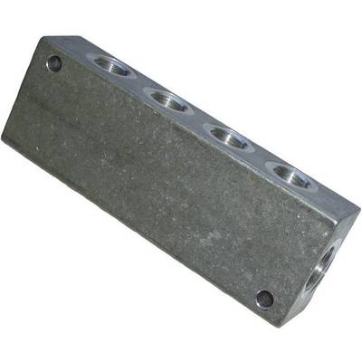 Metalowy blok rozdzielacza hydraulicznego z wieloma otworami przyłączeniowymi, stosowany do rozdzielania płynu hydraulicznego w systemie.